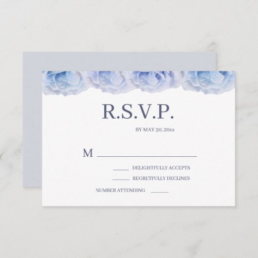ダスティブルーバラ白エレガントフローラ結婚式RSVP 招待状 (正面/裏面)