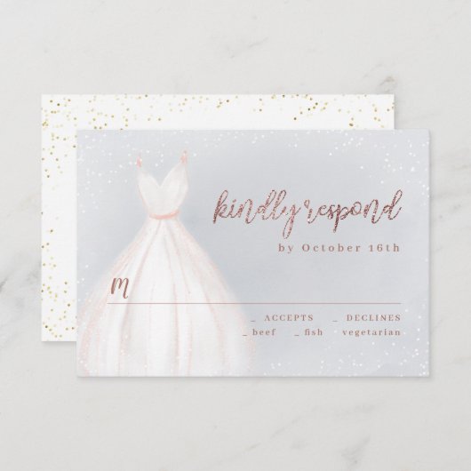 ダスティブルーバラ金ゴールドエレガントスパークルドレスRSVP 出欠カード (正面/裏面)