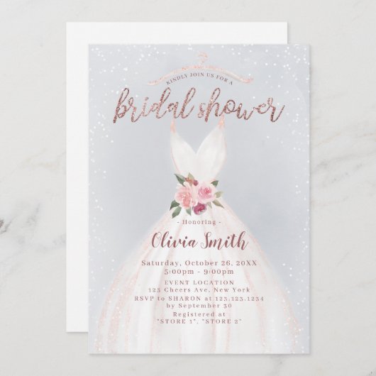 ダスティブルーバラ金ゴールドドエレガントレスブライダルシャワー 招待状 (正面/裏面)