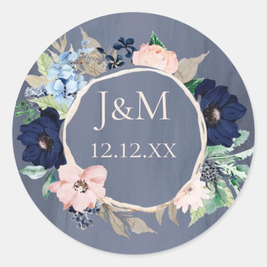 ダスティブルーバラ金ゴールド水彩フローラ ラウンドシール (正面)