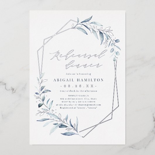 ダスティブルーバラ金ゴールド素朴リハーサルディナーフォイル 箔招待状 (正面)