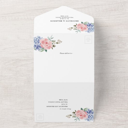 ダスティブルーパステルピンクアジサイフローラ結婚ズ オールインワン招待状 (外側)