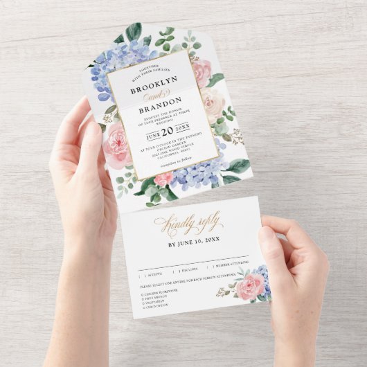 ダスティブルーパステルピンクアジサイフローラ結婚ズ オールインワン招待状 (貼ってはがせる)