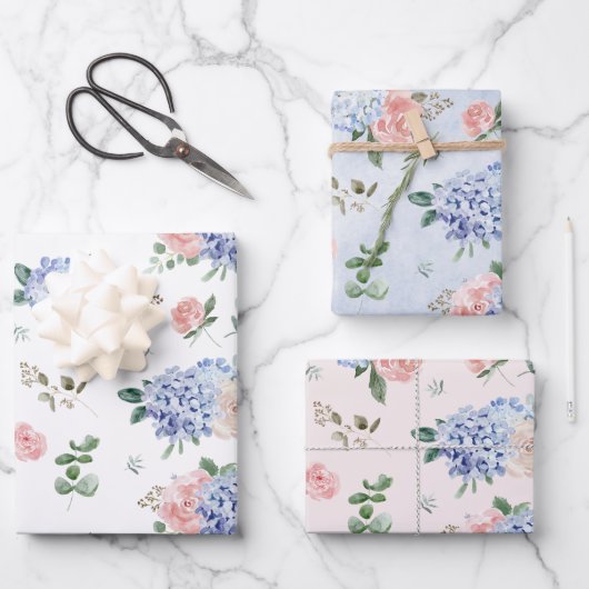 ダスティブルーパステルピンクアジサイ結婚ズ ラッピングペーパーシート (正面)