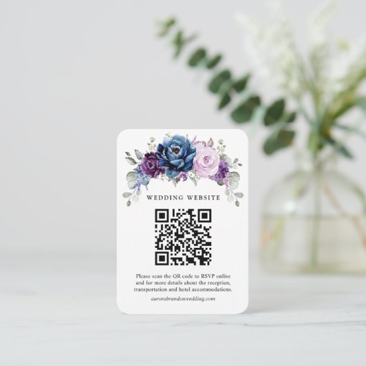 ダスティブルーパープルネイビー薄紫開花結婚のQRコード エンクロージャーカード (スタンド正面)