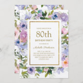 ダスティブルーパープルフローラ金ゴールド80誕生日 招待状 (正面/裏面)