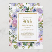 ダスティブルーパープルフローラ金ゴールド90誕生日 招待状 (正面/裏面)