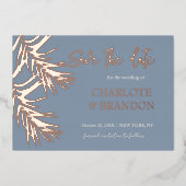 ダスティブルーパーム葉の結婚式の日付を保存 箔招待状 (正面)