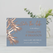 ダスティブルーパーム葉の結婚式の日付を保存 箔招待状 (立ち正面)