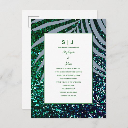 ダスティブルーパーム離れズグリーングリッター結婚ズ インビテーションポストカード (正面/裏面)