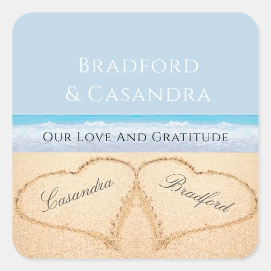 ダスティブルービーチ結婚式2ハートインザサンド スクエアシール (正面)