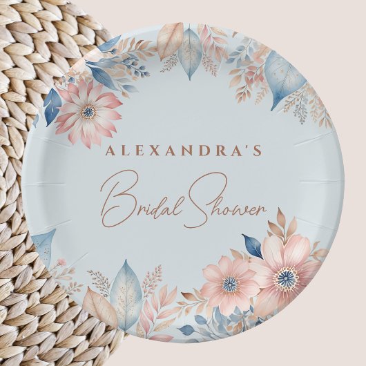 ダスティブルーピンクフラワーズボホシックブライダルシャワー ペーパープレート