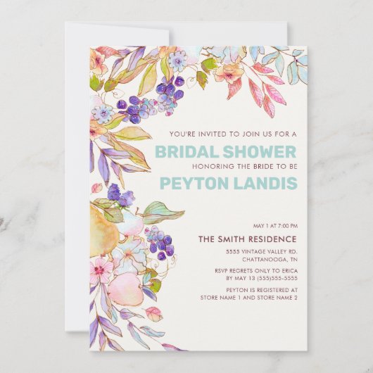 ダスティブルーピンクフルーツフローラブライダルシャワー 招待状 (正面)