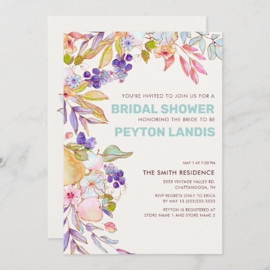 ダスティブルーピンクフルーツフローラブライダルシャワー 招待状 (正面/裏面)