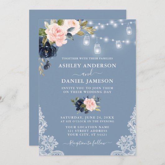 ダスティブルーピンクフローラジャイルライトレース結婚ズ 招待状 (正面/裏面)