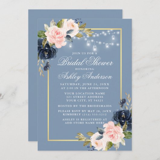 ダスティブルーピンクフローラジャールライトブライダルシャワー 招待状 (正面/裏面)