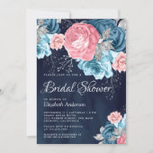 ダスティブルーピンクフローラバラネイビーブライダルシャワー 招待状 (正面)
