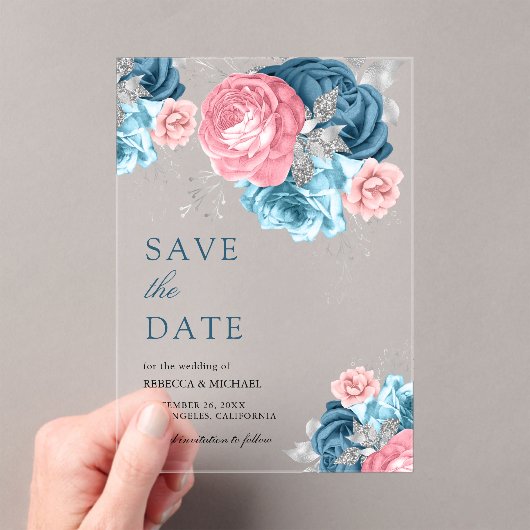 ダスティブルーピンクフローラバラ結婚式の日付を保存 アクリル招待状 (インサイチュ (ポータブル))
