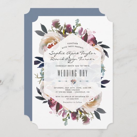 ダスティブルーピンクフローラブーケジオメト結婚リ 招待状 (正面/裏面)