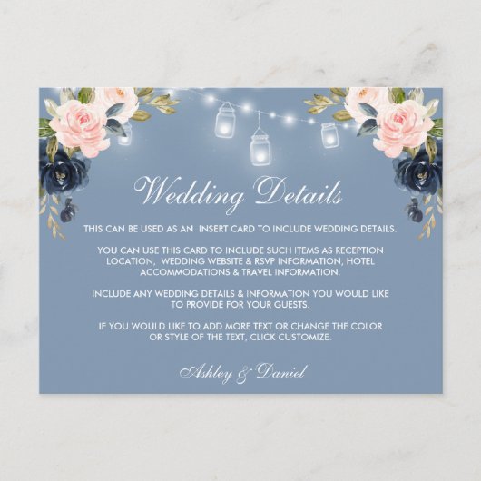 ダスティブルーピンクフローラライト結婚の詳細カード ポストカード (正面)