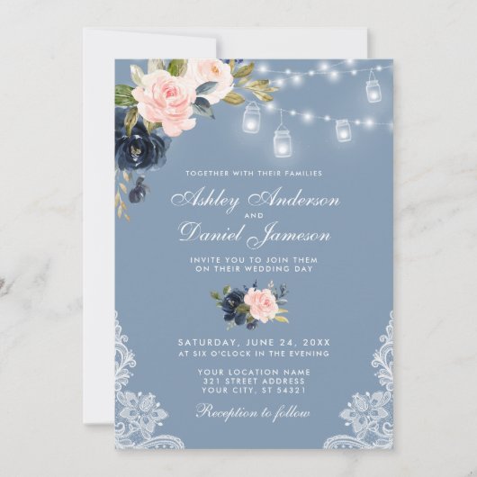 ダスティブルーピンクフローラレースライトフォト結婚ズ 招待状 (正面)