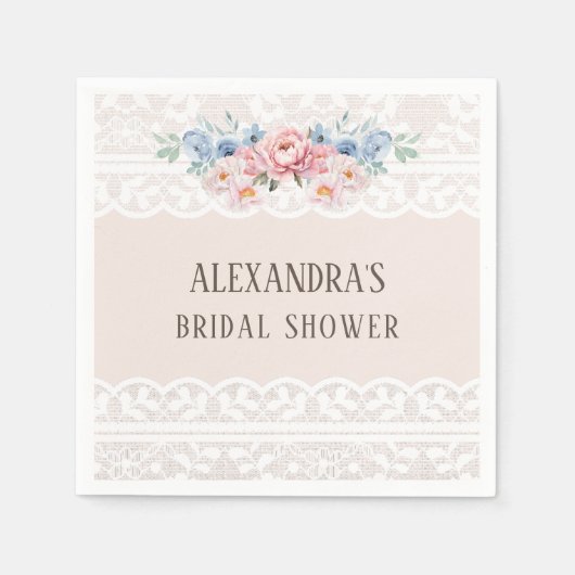 ダスティブルーピンクフローラヴィンテージレースブライダルシャワー スタンダードカクテルナプキン (正面)