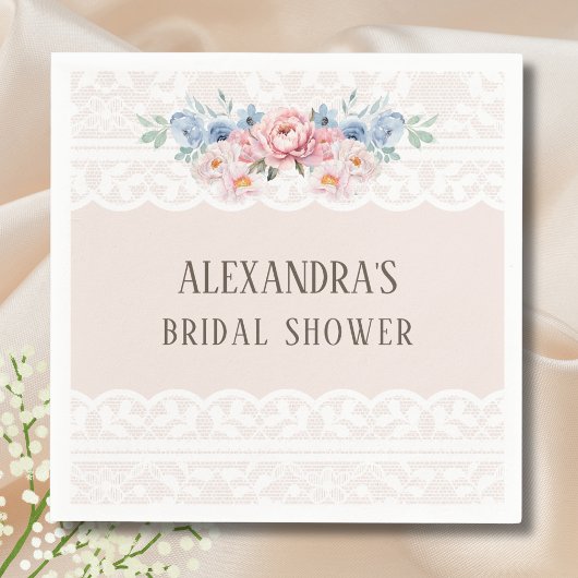 ダスティブルーピンクフローラヴィンテージレースブライダルシャワー スタンダードカクテルナプキン