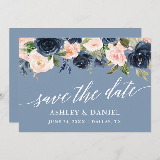 ダスティブルーピンクフローラ保存の日付カード サンキューカード (正面/裏面)