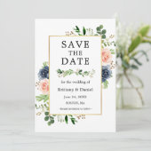 ダスティブルーピンクフローラ保存の日付カード セーブザデート (スタンド正面)