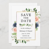 ダスティブルーピンクフローラ保存の日付カード セーブザデート (正面/裏面)