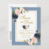 ダスティブルーピンクフローラ保存日付金ゴールド 案内ポストカード (正面/裏面)