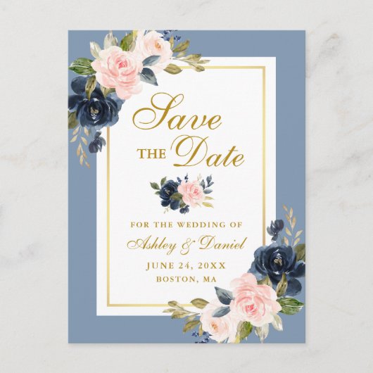 ダスティブルーピンクフローラ保存日付金ゴールド 案内ポストカード (正面)