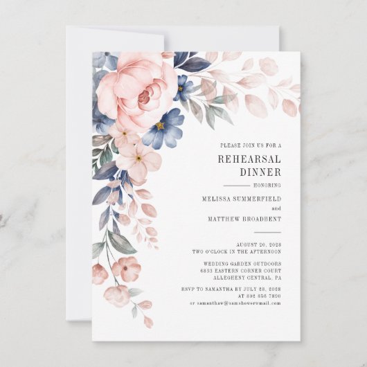 ダスティブルーピンクフローラ水色リハーサルディナー 招待状 (正面)