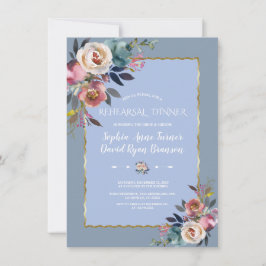 ダスティブルーピンクフローラ金ゴールドフレームリハーサルディナー 招待状