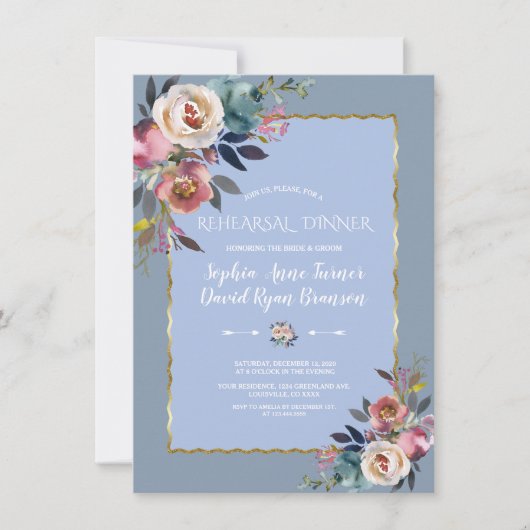 ダスティブルーピンクフローラ金ゴールドフレームリハーサルディナー 招待状 (正面)