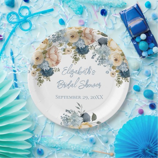 ダスティブルーピンクホワイトフローラブライダルシャワー ペーパープレート (パーティー)