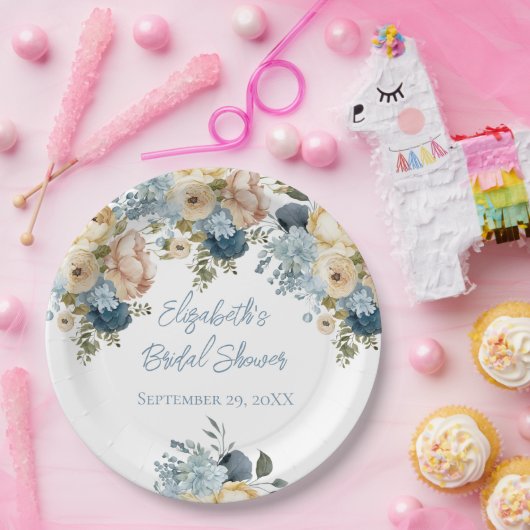 ダスティブルーピンクホワイトフローラブライダルシャワー ペーパープレート (パーティー)