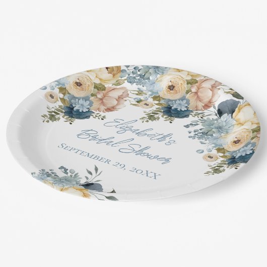 ダスティブルーピンクホワイトフローラブライダルシャワー ペーパープレート (アングル)