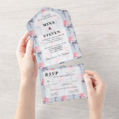 ダスティブルーピンク結婚フローラ オールインワン招待状 (貼ってはがせる)