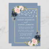 ダスティブルーピンク赤面フローラストリングライツ結婚ズ 招待状 (正面/裏面)