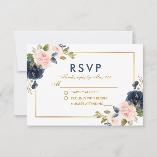 ダスティブルーピンク赤面フローラ結婚の金ゴールドRSVP 出欠カード (正面)