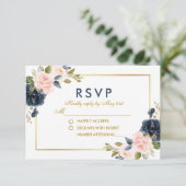 ダスティブルーピンク赤面フローラ結婚の金ゴールドRSVP 出欠カード (スタンド正面)