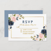 ダスティブルーピンク赤面フローラ結婚の金ゴールドRSVP 出欠カード (正面/裏面)