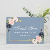 ダスティブルーピンク赤面フローラ結婚金ゴールド サンキューカード (スタンド正面)