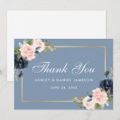 ダスティブルーピンク赤面フローラ結婚金ゴールド サンキューカード (正面/裏面)