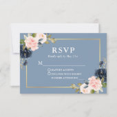 ダスティブルーピンク赤面フローラ金ゴールド結婚式RSVP 出欠カード (正面)
