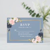 ダスティブルーピンク赤面フローラ金ゴールド結婚式RSVP 出欠カード (スタンド正面)