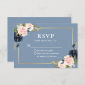 ダスティブルーピンク赤面フローラ金ゴールド結婚式RSVP 出欠カード (正面/裏面)