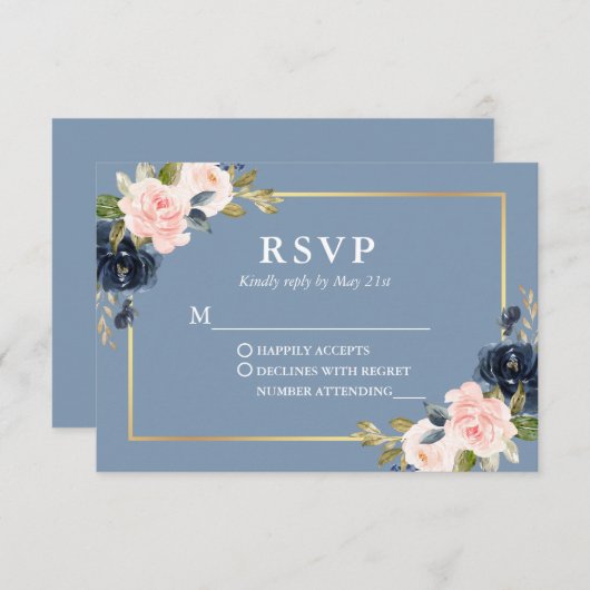 ダスティブルーピンク赤面フローラ金ゴールド結婚式RSVP 出欠カード (正面/裏面)