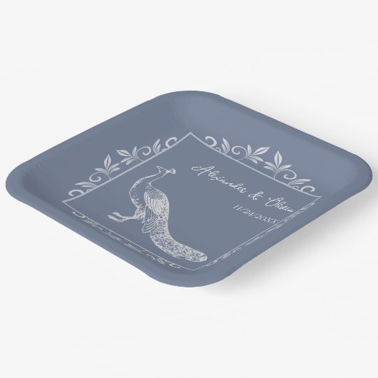 ダスティブルーピーコックフローリッシュウェディングシャワー ペーパープレート (傾斜あり)